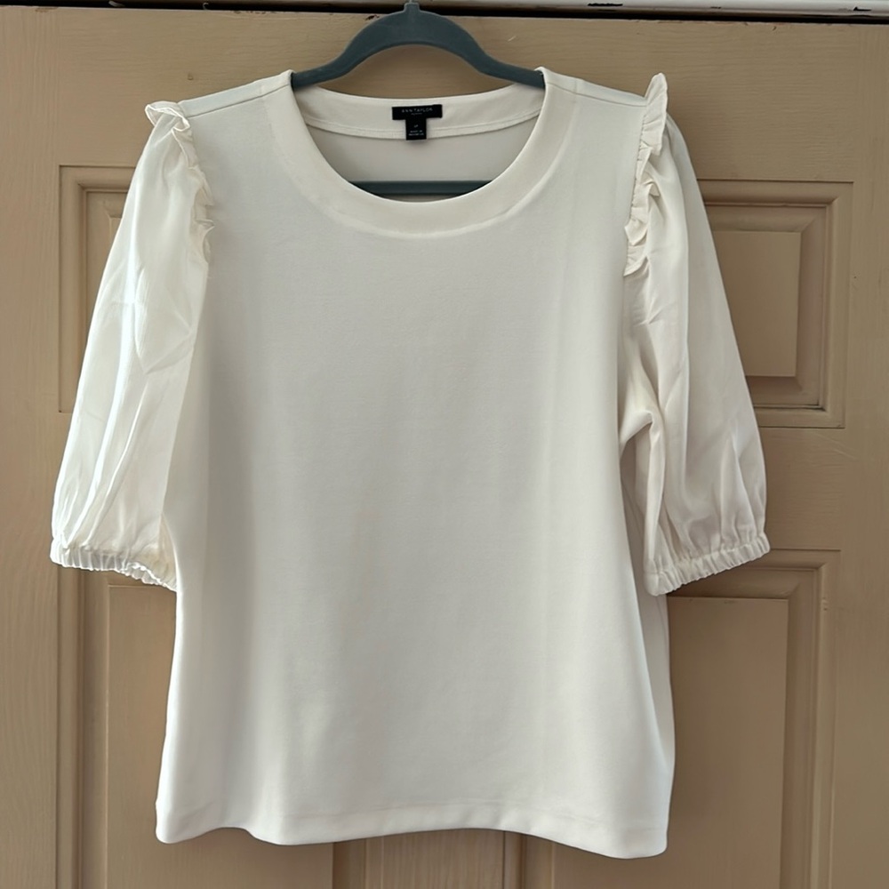 Ann Taylor Cream Ruffle Shoulder Blouse Petite